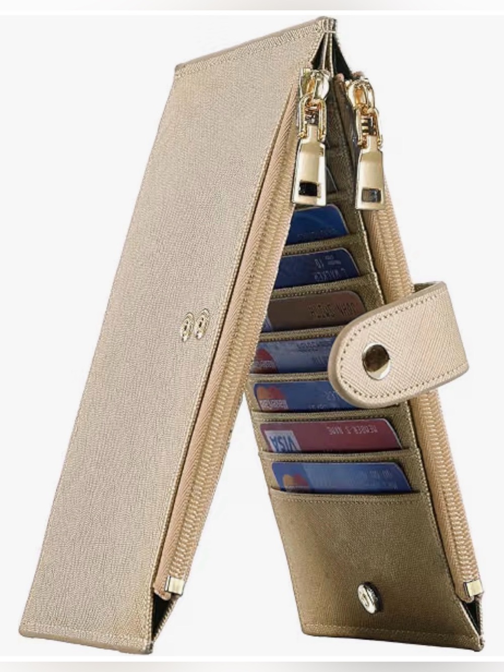 Travelambo RFID Block Wallet Bi-fold Zip Pocket Multi Card Slots Gold Champagne
